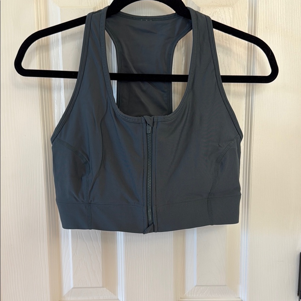 Fabletics On the Go Green/grey Sports Bra with Front Zipper